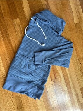 aerie Waffle-Knit Hooded Pullover in Light Blue